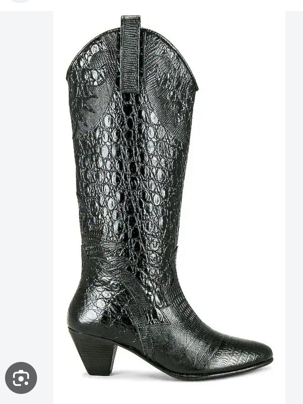 BY FAR Black Croc-Embossed Mid-Calf Pointed Heel Boots